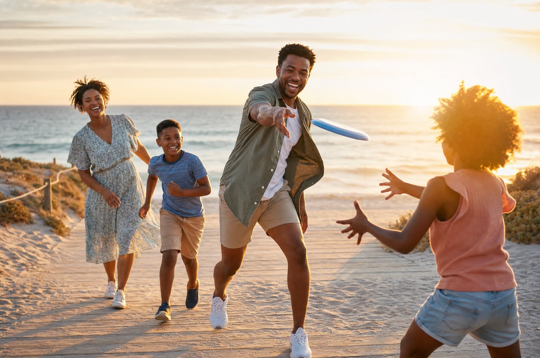 A family playing frisbee together on a beach boardwalk at sunset
