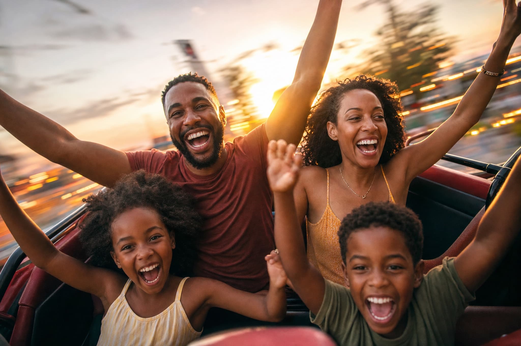 A family riding a theme park ride together, arms up and laughing
