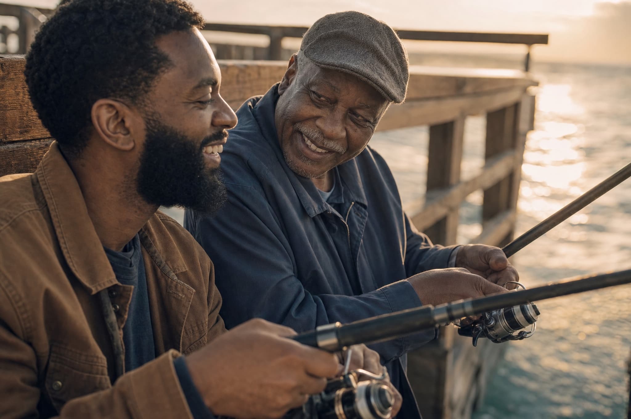 A father and a friend fishing off a pier at golden hour, close on their hands and the rods