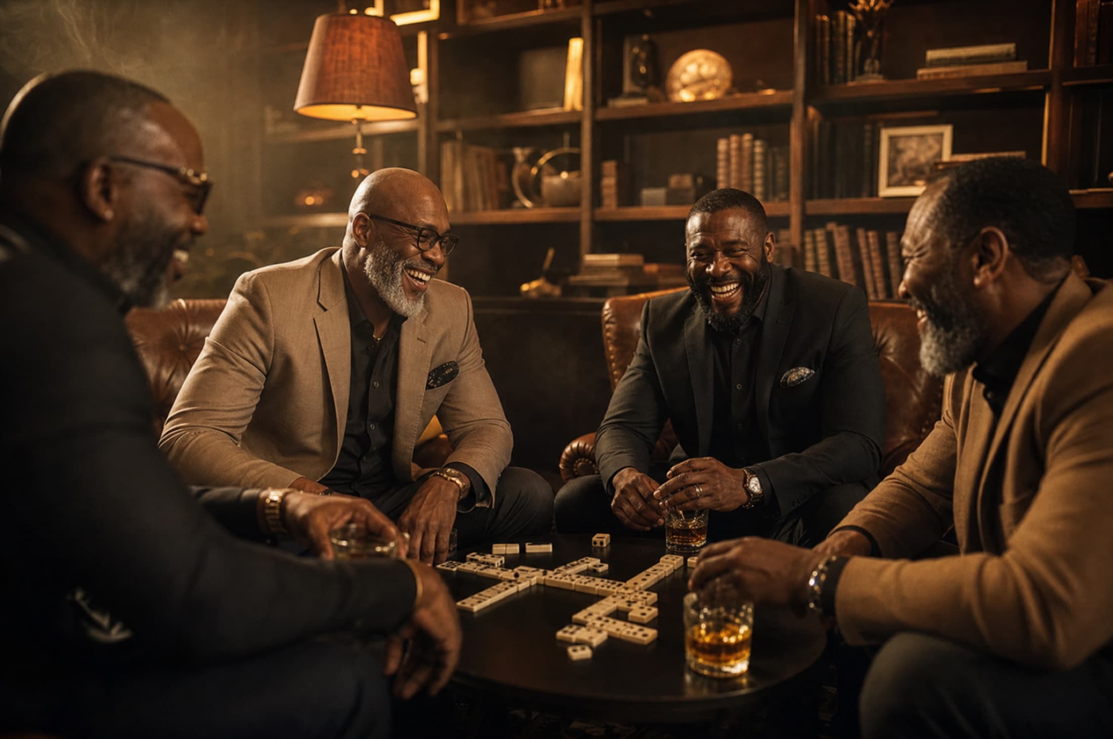 Fathers laughing over a game of dominoes in a warm lounge, cigars and good conversation
