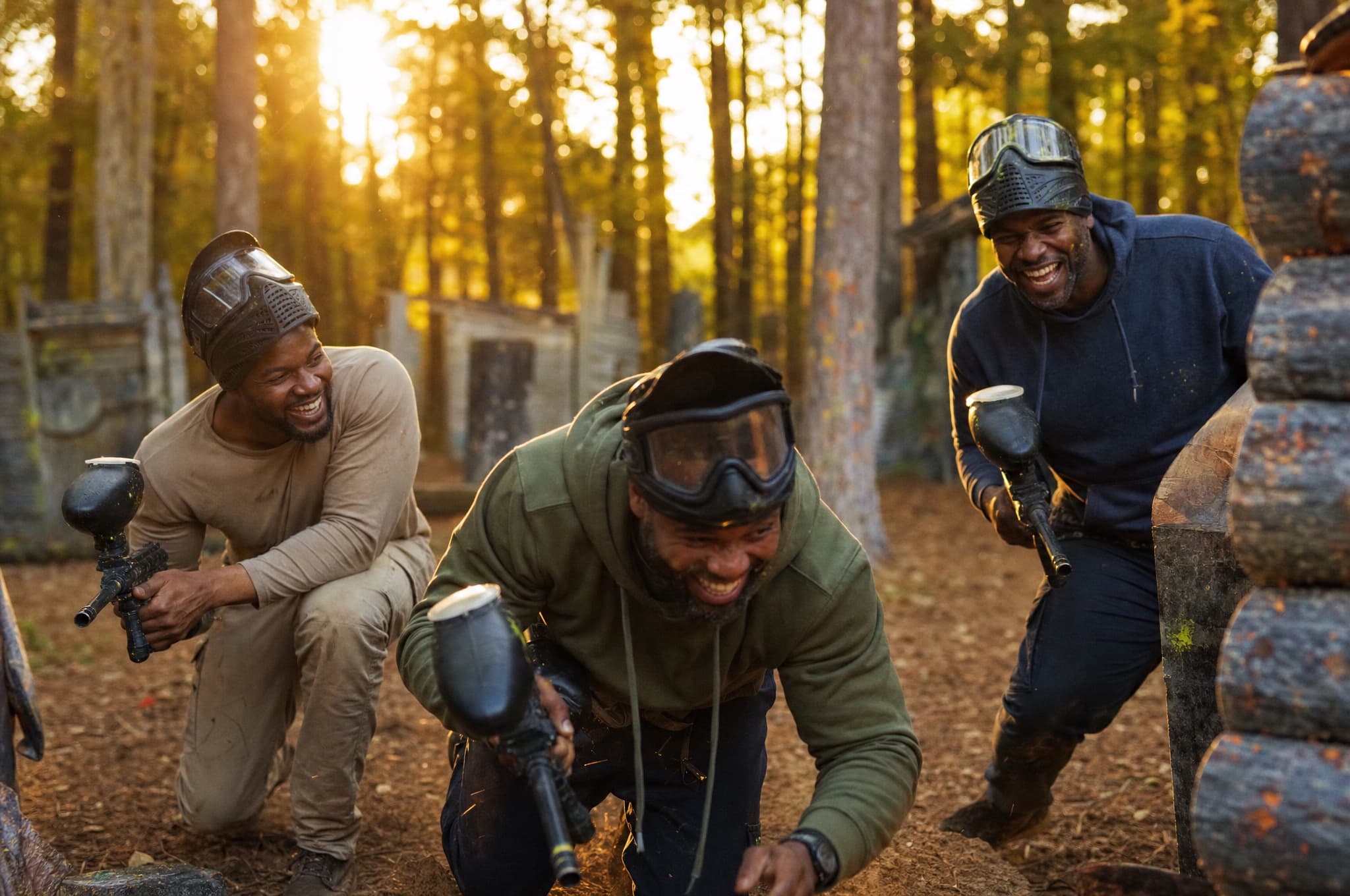 A group of fathers playing paintball together in a wooded field at golden hour
