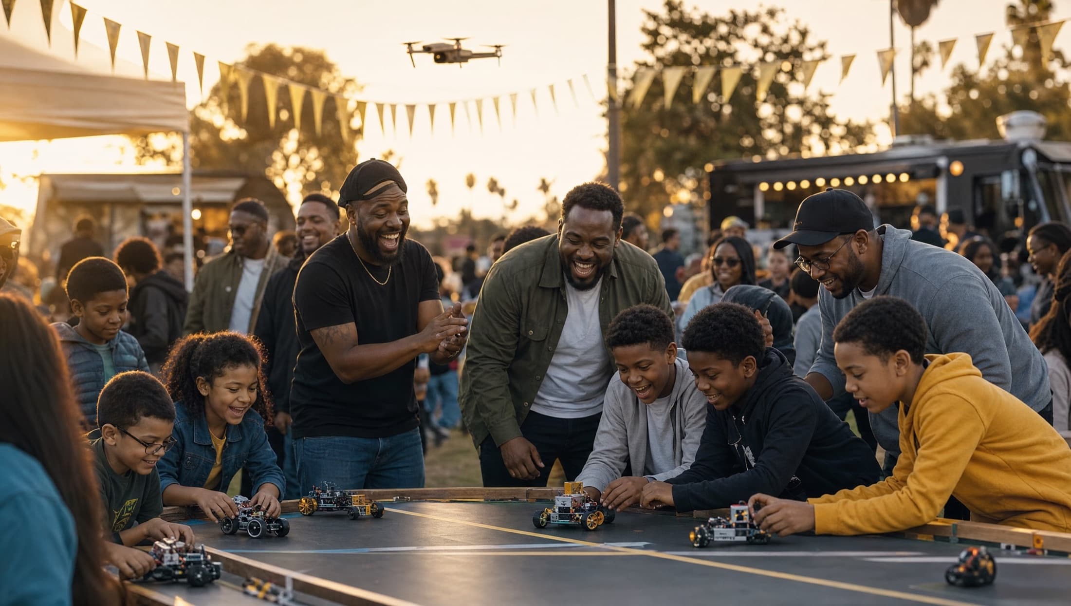Families at a golden-hour community festival, kids racing robots while fathers cheer