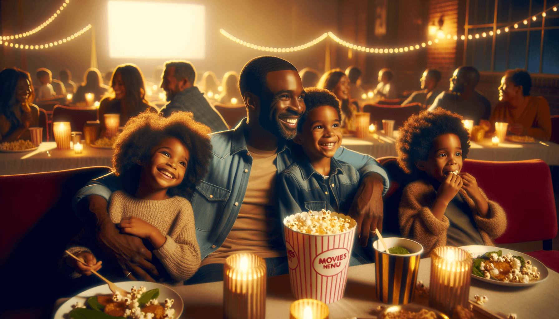 Black families enjoying Movies on the Menu - fathers and children bonding over dinner and a movie