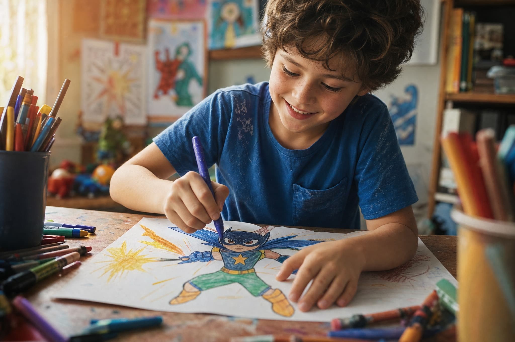 A kid drawing their own original hero character at a creative writing workshop