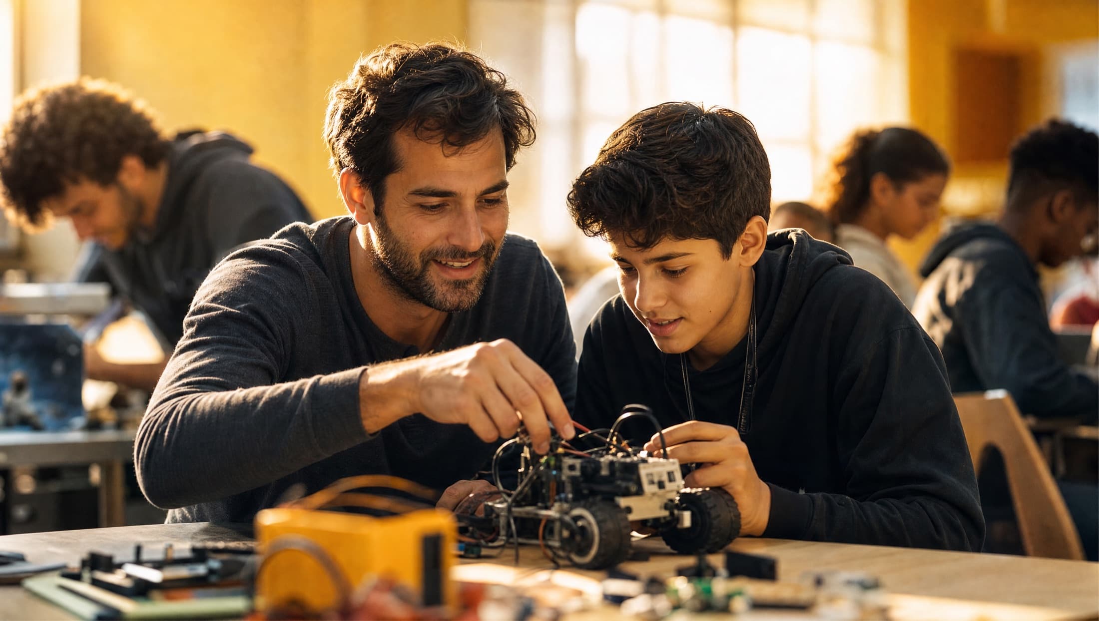 A volunteer mentor guiding a teen through a hands-on robot build at a Forever Forward workshop