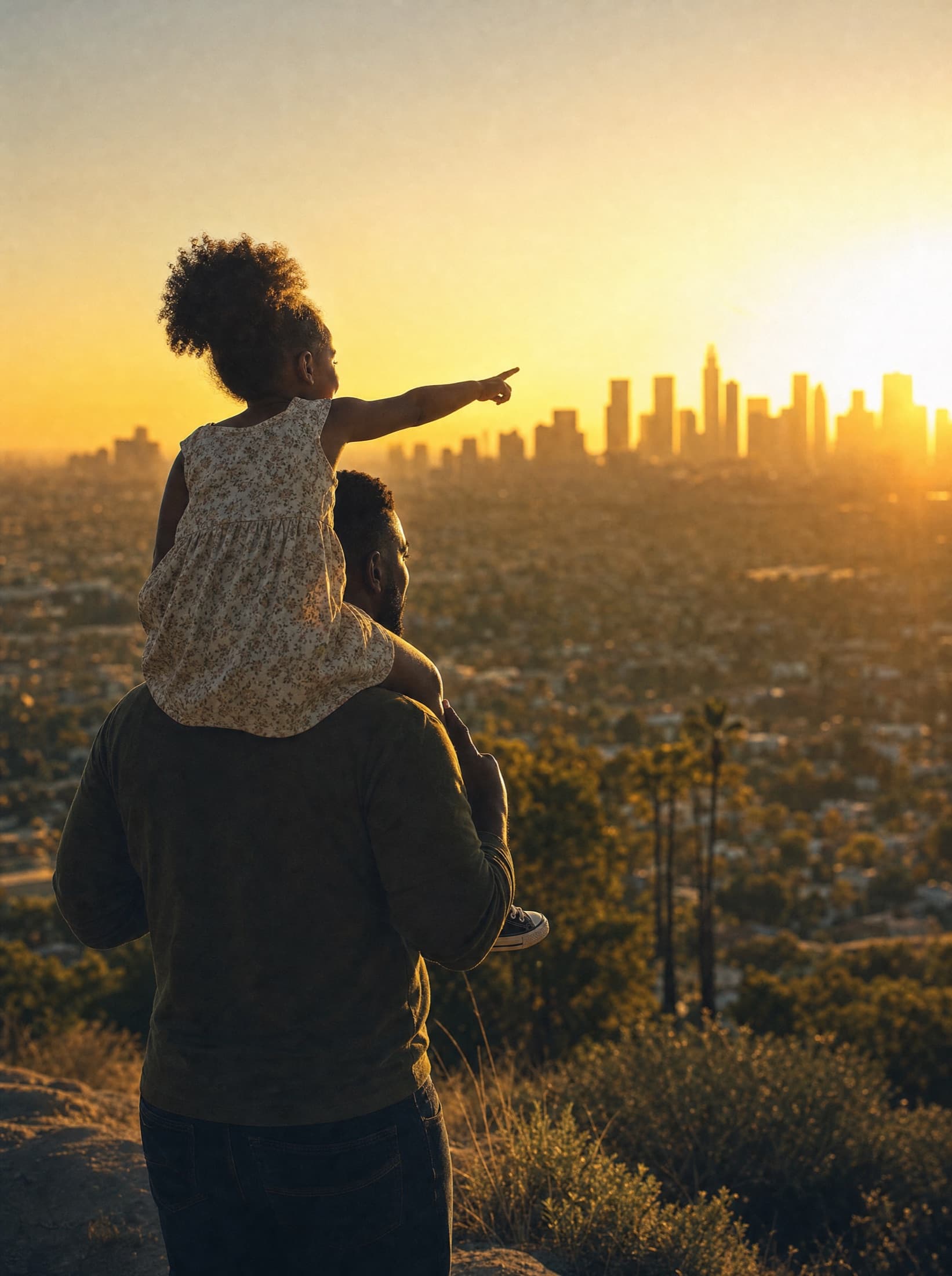 A father carries his daughter on his shoulders at sunrise, looking out over the Los Angeles skyline