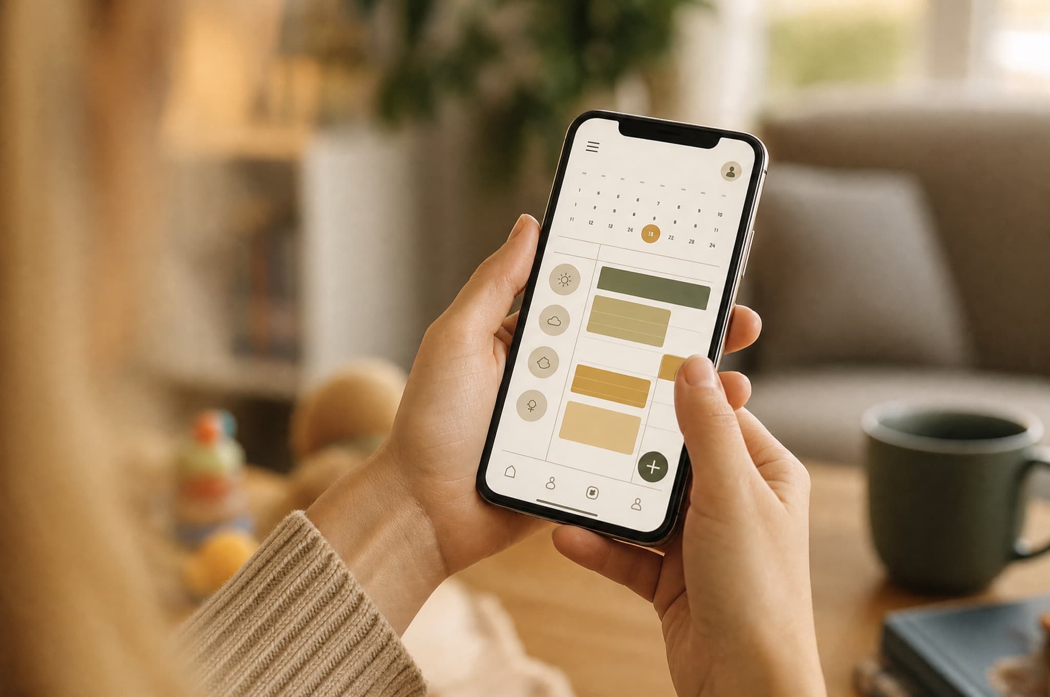 A parent holding a phone showing a calm shared co-parenting calendar