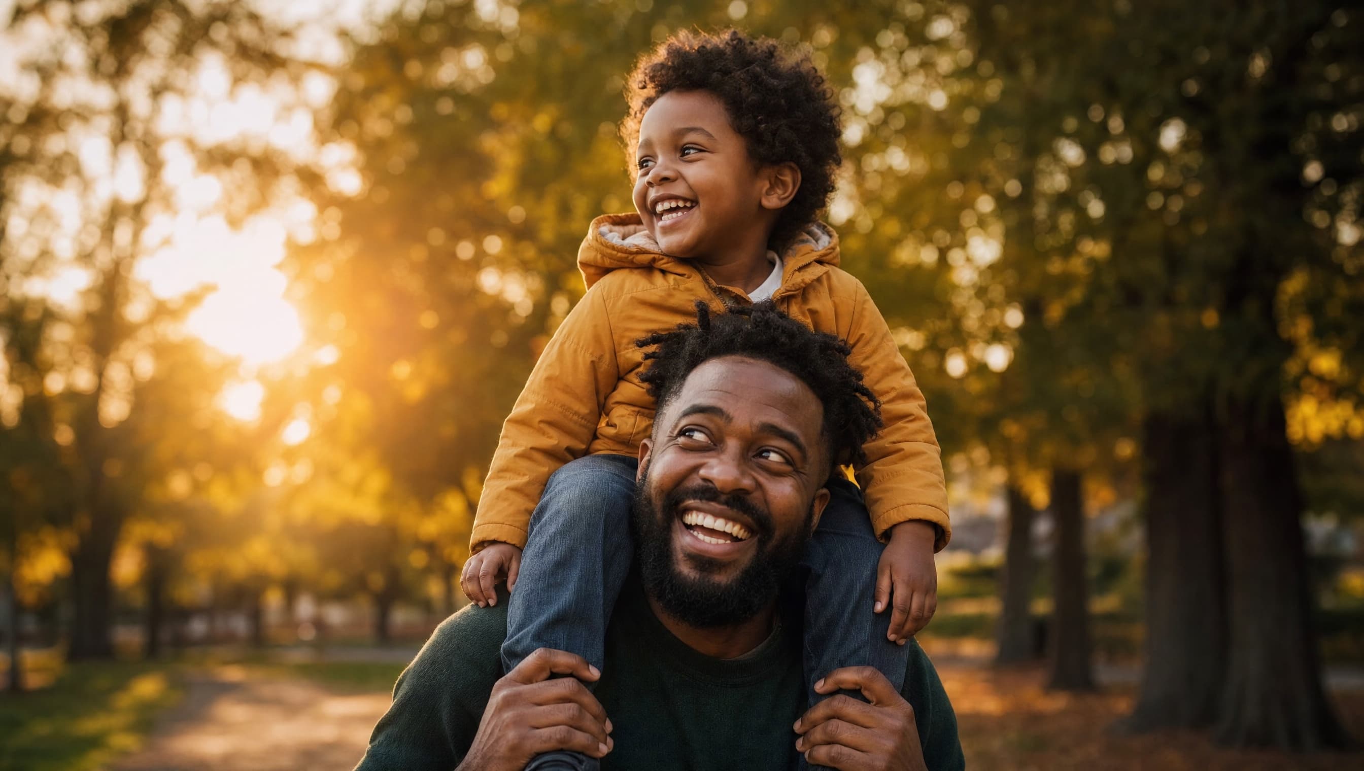 A father laughing with his child on his shoulders at a park, present and at peace