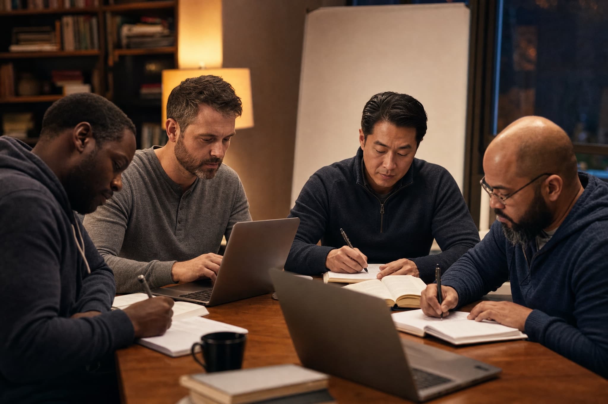 A study group of fathers around a table with laptops and notebooks, prepping for their Tech+ exam together