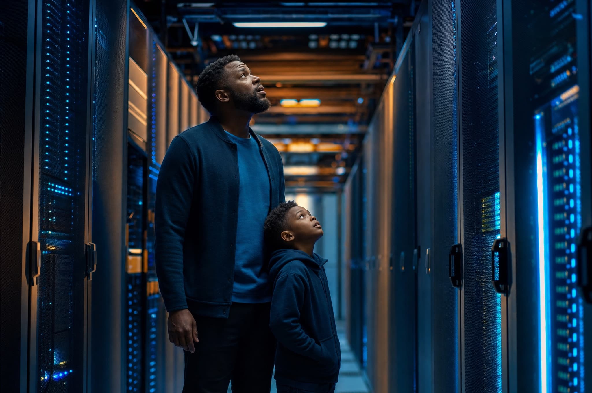 A father standing among glowing server racks inside a real data center, looking up in awe