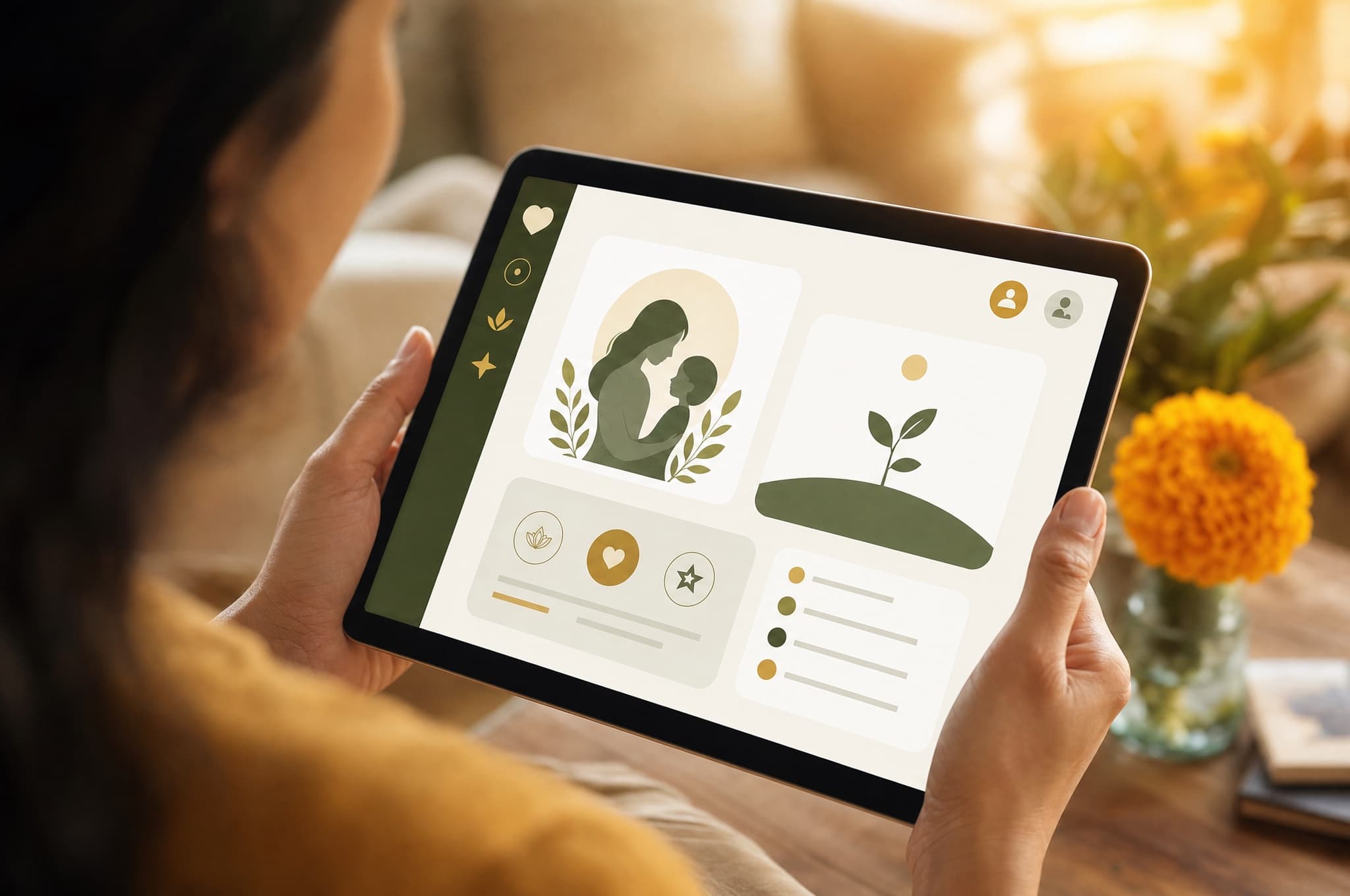 A parent holding a tablet showing a clean, calm app interface at home