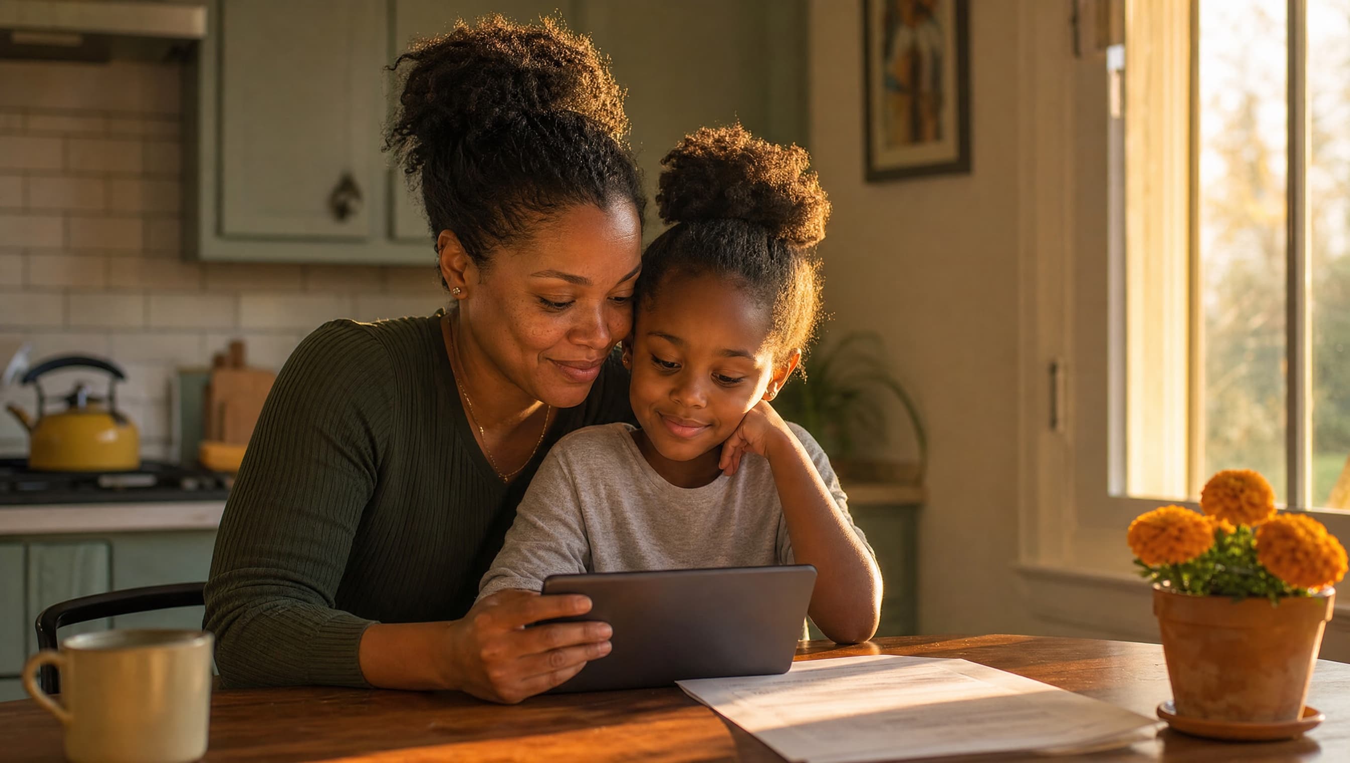 A mother and her child looking at a tablet together at home, relief and understanding on her face