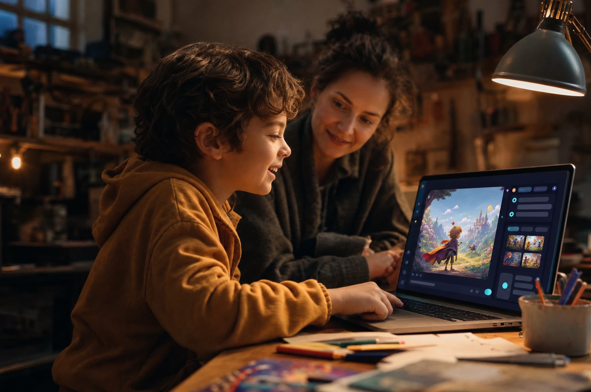 A kid building a story with an AI writing assistant on a laptop while a mentor guides