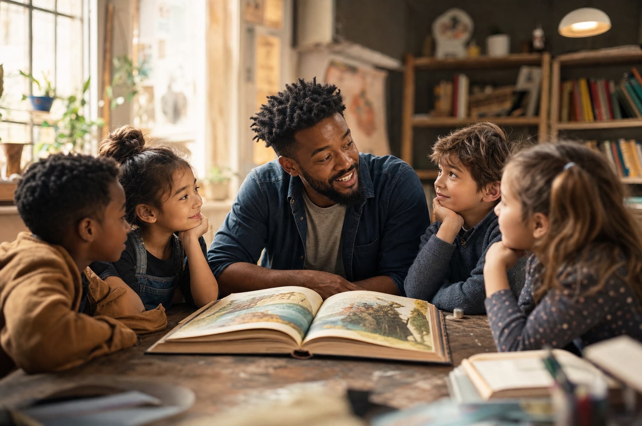 A mentor guiding a small group of kids through storytelling in a bright creative space