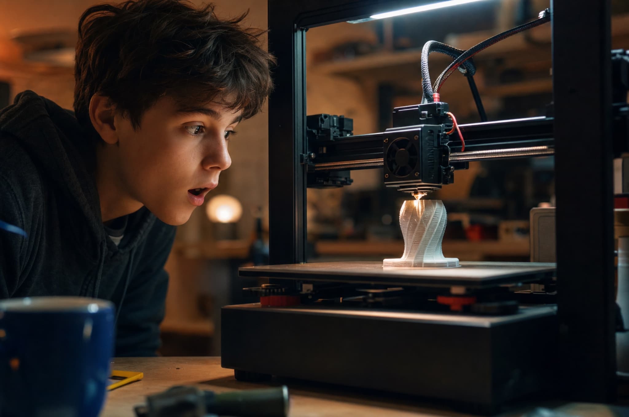 A teenager watching a desktop 3D printer mid-print with amazement as their design takes shape