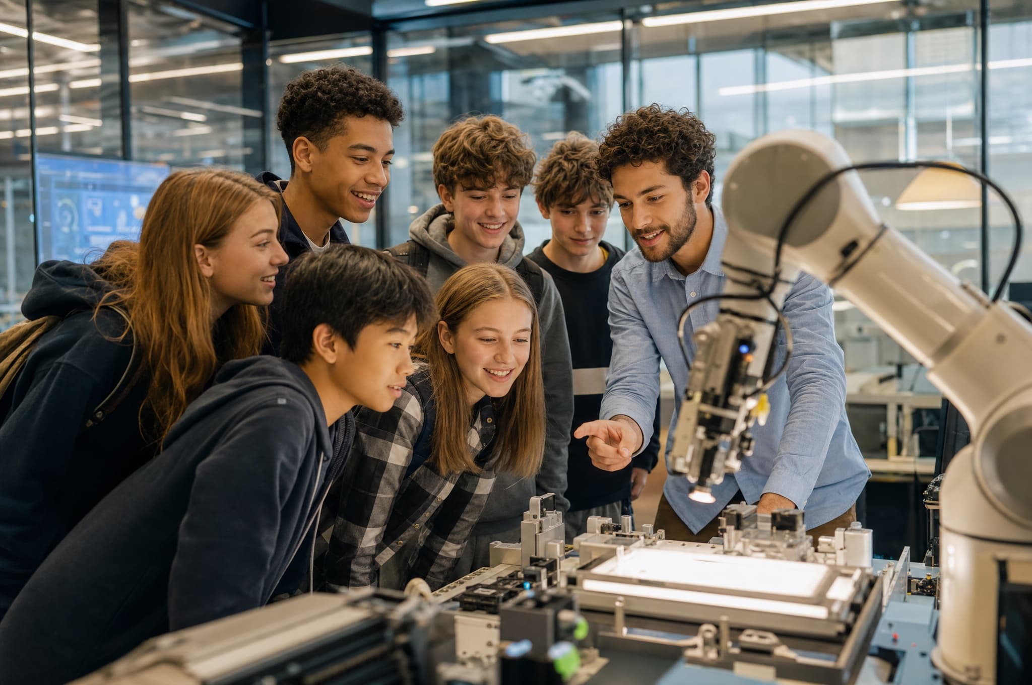 Teenagers on a field trip inside a tech company, an engineer showing them advanced equipment