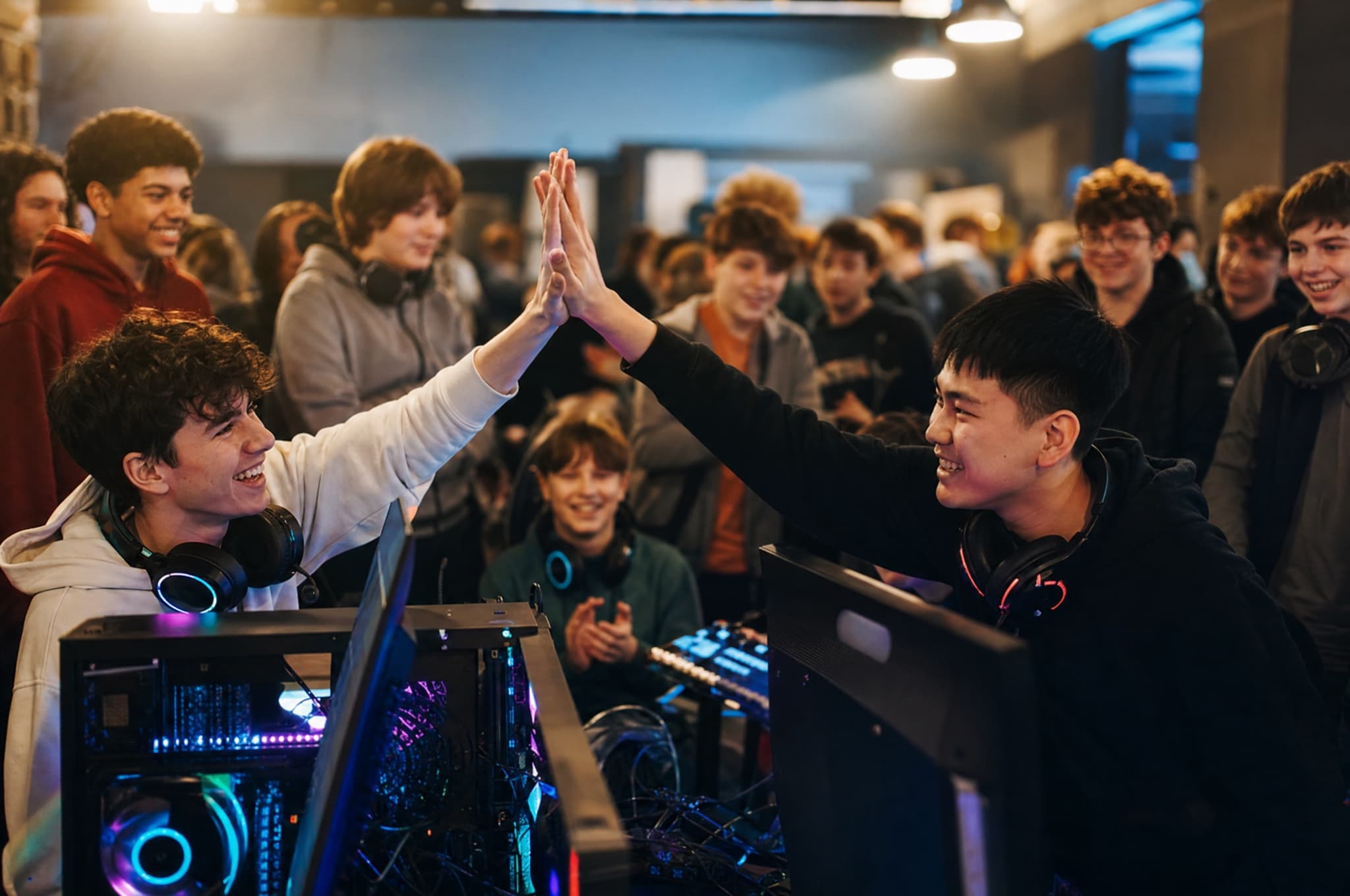 Teenagers cheering and high-fiving at a community gaming tournament with colorful RGB-lit rigs