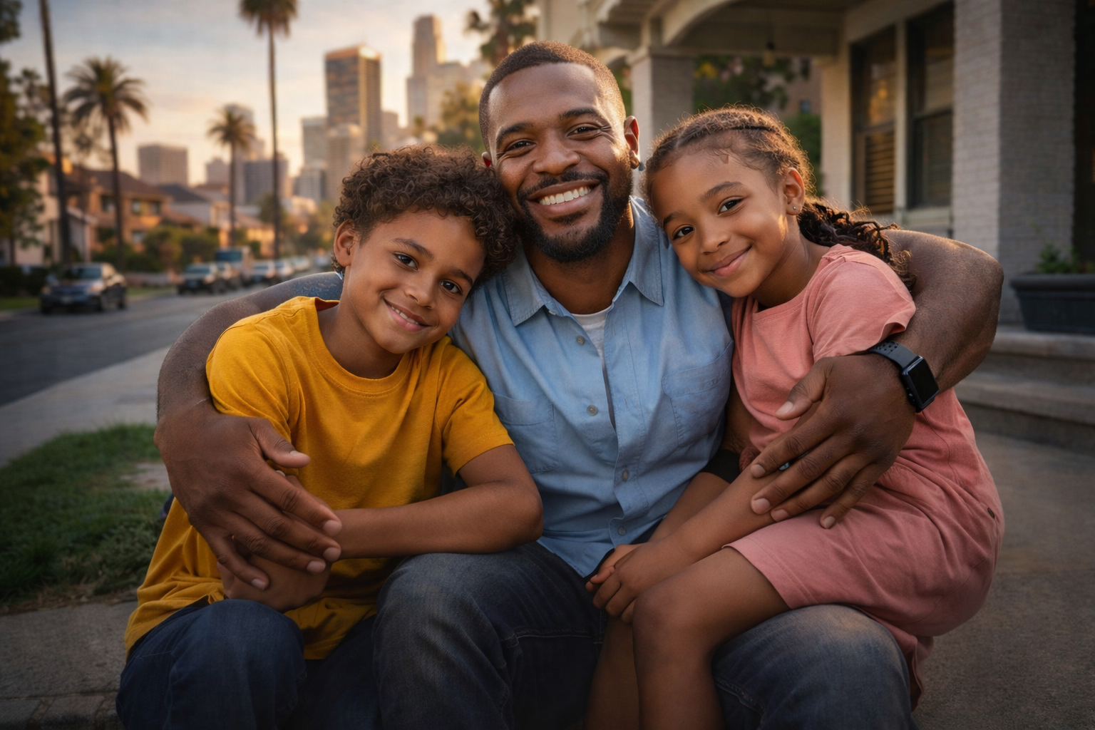 Black and Brown family smiling together in a bright home setting