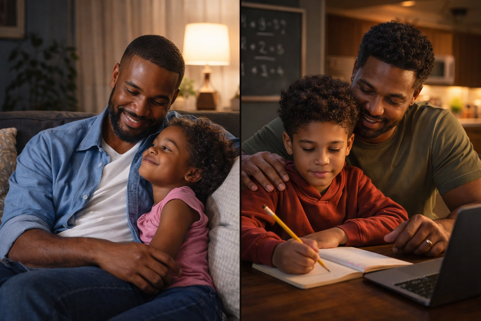 Black father helping his daughter with homework at the kitchen table