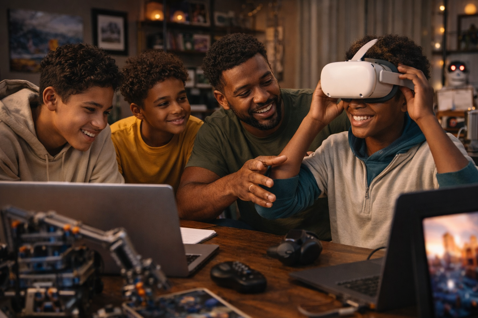 Black and Brown fathers in a technology training workshop